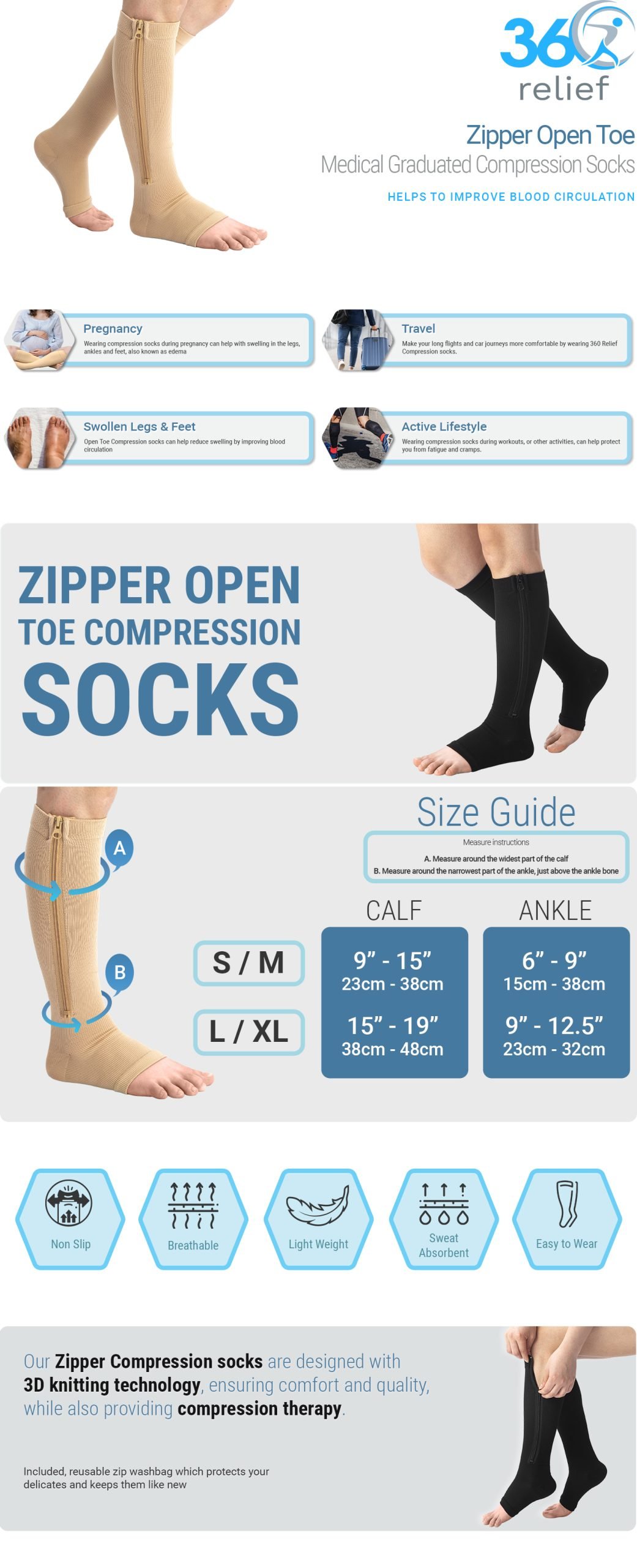 Open Toe Zippered Compression Support Socks